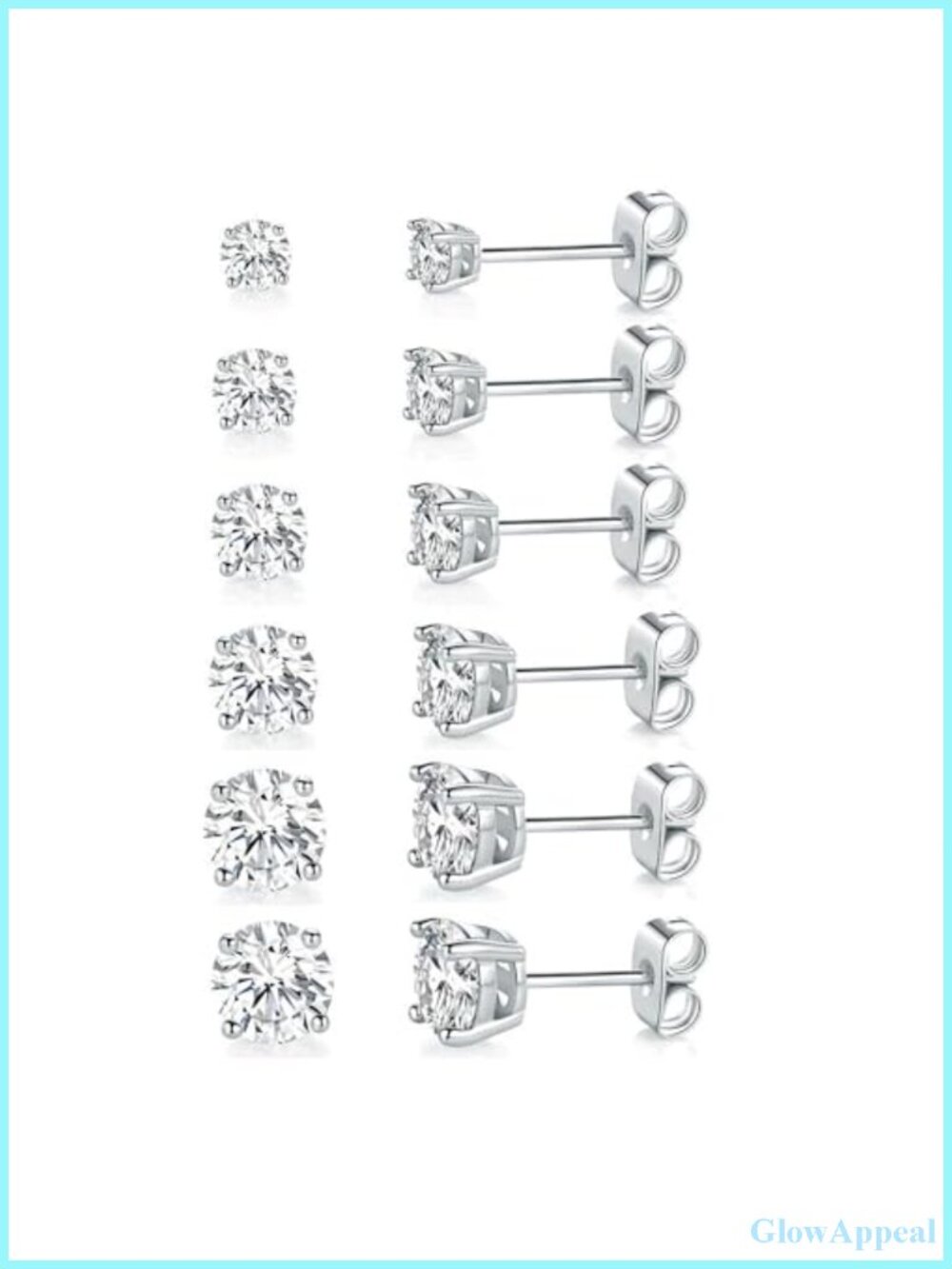 6 Pairs 18K White Gold Plated Cubic Zirconia Stud Earrings Mix Sizes Gift